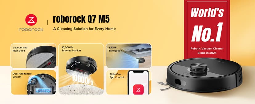 roborock Q7 M5 Robot Vacuum and Mop Combo, 10,000Pa HyperForce Suction, Robotic Vacuum Cleaner, Dual Anti-Tangle System, APP-Controlled Mopping, LiDAR Navigation, for Pet Hair and Carpet, Black