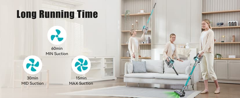 E.LUO Cordless Vacuum Cleaner, 28Kpa Vacuum Cleaners for Home, 60 Mins Runtime Stick Vacuum with Intelligent Display, Rechargeable Battery & Anti-Tangle Brush Handheld Vacuum for Floor Carpet Pet Hair