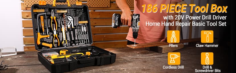 Cordless Drill Tool Kit Set: 20V Power Drill Tool Box with Battery Electric Drill Driver for Men Home Hand Repair Basic Toolbox Tools Sets Drills Case