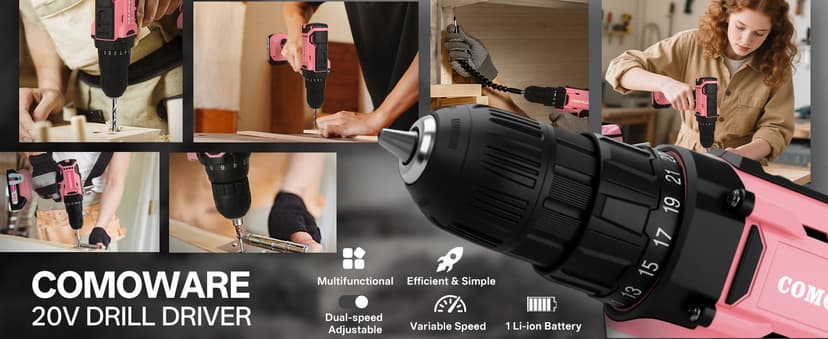 COMOWARE Cordless Drill Set, 20V Pink Power Drill Set for Women, 1 Battery & Charger, 3/8" Keyless Chuck, 2 Variable Speed, 266 In-lb Torque, 25+1 Position, with Pink Storage Bag