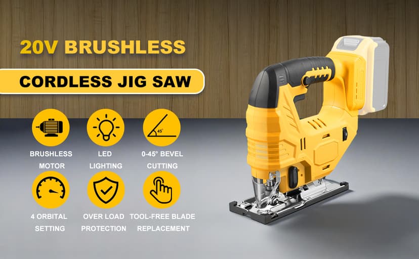 Cordless Jig Saw Compatible with Dewalt 20V Battery, Brushless Jig Saw with 6pcs Blades, 4 Orbital Sets for Wood, Plastic and Metal Cutting (Tool Only, No Battery)