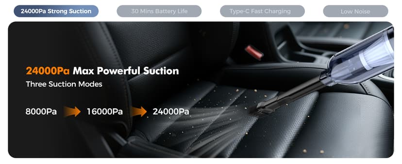 Car Vacuum,3 Suction Modes,Portable Mini Cordless Cleaner with 24000pa Suction Power,Type-C Charge,Handheld Vacuum for Home,Car, Office Desk, Keyboards(Silver White)