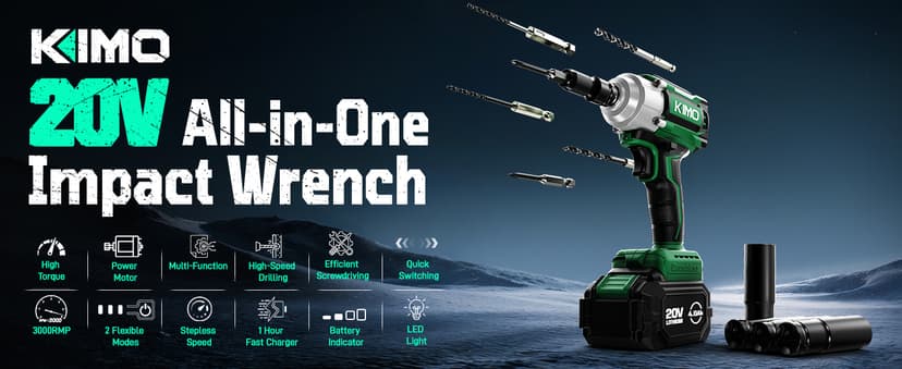 KIMO Impact Wrench 1/2, Max Torque 406ft-lbs (550N.m) & 3000RPM /Premium Brake Stop, 9-Piece Drill & Serewdriver Set, 4 Sockets, Cordless Impact Wrench with 4000mAh Battery, Impact Driver for CarTires