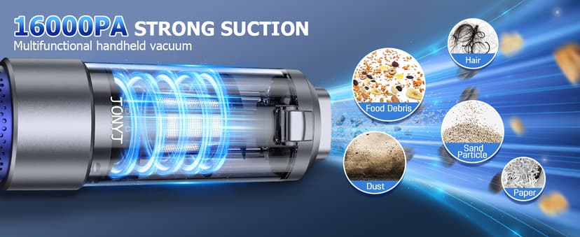 JONYJ Handheld Car Vacuum Cleaner Cordless, 16000PA Hand Held Vacuum Portable, 2 in 1 Air Duster and Mini Vacuum Cleaner Rechargeable with Led, Multi-Nozzles & Washable Filters for Home Office Car Pet