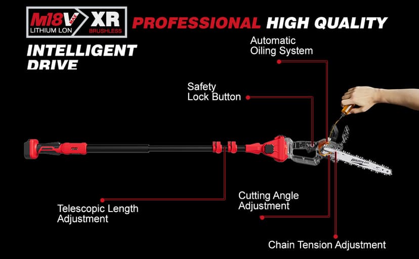 2-IN-1 Cordless 10-Inch Pole Saw And Chainsaw Compatible with Milwaukee M18 18V Battery, Total Reach of Max 15ft, Auto Oiling, Electric Pole Saw for Tree Trimming Pruning (Battery NOT Included)
