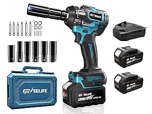 GEVEELIFE 650N.m/480Ft-lbs Brushless Impact Wrench,1/2" Cordless Impact Gun w/ 2x4.0Ah Battery & 6 Sockets, 3300RPM Power Electric Impact Driver for Car/DIY Furniture/Lawn Mower, Blue Toolbox