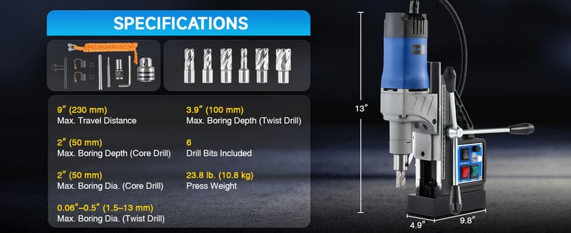 ZELCAN Mag Drill Press with 6 Drill Bits, 1550W Portable Magnetic Press with 2" Boring Diameter, 0-580 rpm Stepless Speed & Reversible Direction, 2922 lbf Power Magnetic