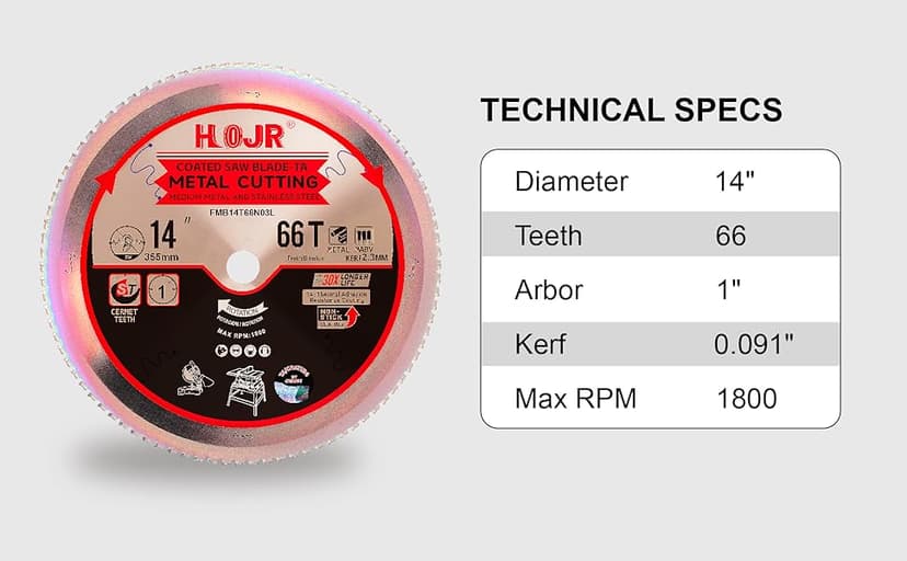 Metal Cutting Circular Saw Blade, Steel and Stainless Steel Cutting, The Cutting Head uses a Special Anti-Heat Sticking Coating with high Finish and Long Life,FMB 14 inch 66-Tooth 1" -TA