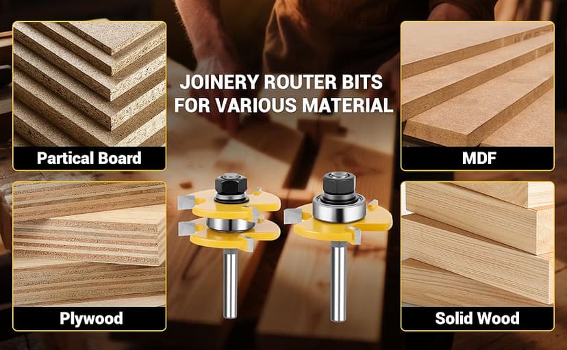 Junreox 2PCS Tongue and Groove Router Bit Set, 3rd Gen. 1/4 Shank Router Bits for 3/4" Stock, 1/2" Cutting Depth, Adjustable 3 Teeth Shaker Cabinet Door Router Bits for Woodworking, Milling, Cutting