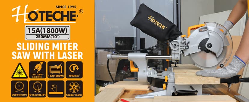 Hoteche 10-Inch Sliding Compound Miter Saw 15-Amp Single Bevel Power Chop Saw with Laser Guide for Wood and Metal Working