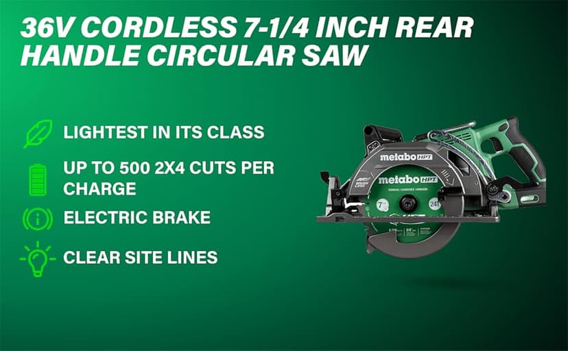 Metabo HPT 36V MultiVolt 7-1/4 Inch Rear Handle Circular Saw, Cordless Circular Saw with 36V Battery, Lightweight Design, 53° Bevel Capacity, Brushless Motor, Electric Brake, C3607DWA