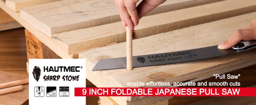 HAUTMEC Folding Japanese Pull Saw, 9-Inch Hand Wood Saw with SK5 Blade, 17TPI Sharp Trapezoid Teeth, Dual Cutting Angle, Pro Handsaw for Fine & Fast Cuts – HT0312