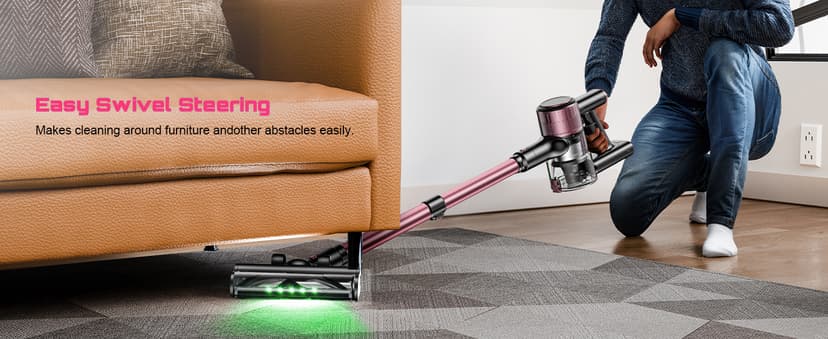 Cordless Vacuum Cleaner, 10 in 1 Stick Vacuum with Powerful Suction, Hose, Green LED Light, Anti-Tangle Brush, Lightweight Rechargeable Vacuum Cleaner for Home, Hardwood Floors, Carpets, Pet Hair,Pink