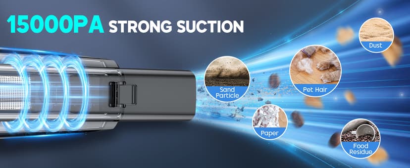 Handheld Vacuum Cordless, 15000PA Strong Suction Hand Held Car Vacuum Cleaner Portable with Multi-Nozzles & Washable Filter, Lightweight Dust Busters Rechargeable for Home, Car, Office, Pets