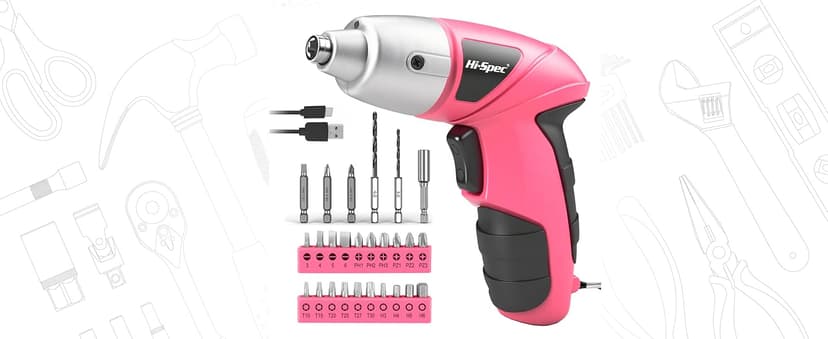 Hi-Spec Electric Screwdriver 27pc 3.6V Pink USB Small Power Screwdriver Set. Cordless & Rechargeable with Driver Bit Set