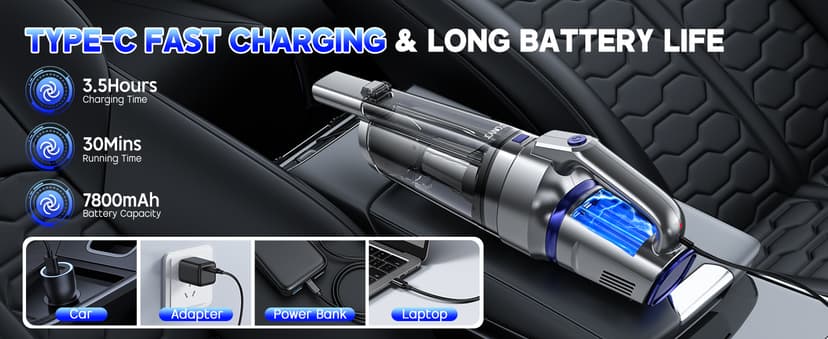 JONYJ Handheld Vacuum Cordless, 16000PA Strong Suction Hand Held Car Vacuum Cleaner, Portable Hand Vacuum Rechargeable with Multi-Nozzles & LED Light for Home, Car, Office, Pets