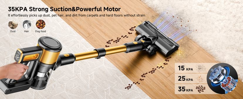 Cordless Vacuum Cleaner, 8 in 1 Powerful Stick Vacuum with 45min Runtime, Anti-Tangle Vacuum Cleaners for Home, Lightweight Handheld Wireless Vacuum for Hardwood Floor Carpet pet Hair, Gold