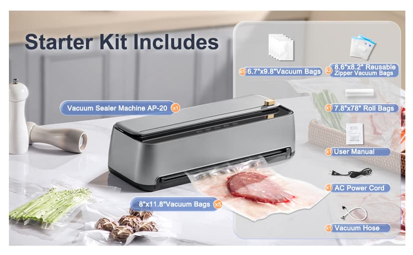 85Kpa Vacuum Sealer Machine for Food, 8-IN-1 Fully Automatic Food Sealer with Built-in Cutter & Bag Storage, Dry/Moist/EXT-VAC Modes, LED Touch Control, Includes 12 Vacuum Bags & 1 Roll Bag
