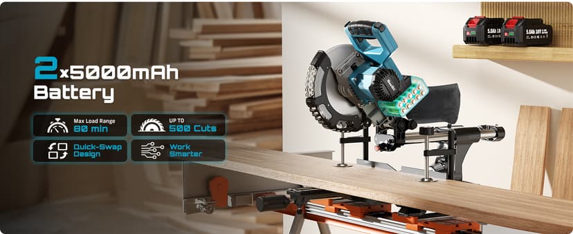 SEESII Sliding Compound Miter Saw: Cordless Power Miter Saw with Laser Guide 8-Inch, 2 * 5000 mAh Batteries, Single Bevel 45°, 24T TCT Blade, Max Cut 2.5×12-inch, Ideal for DIY & Woodworking