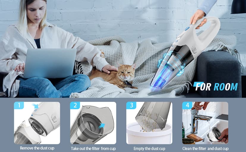 Handheld Vacuum Cordless,Car Hand Cordless Rechargeable,Powerful Suction Hand Held Vacuum with LED Light/Multi Accessories,1.6lbs Car Mini Portable Vacuum Cleaner for Home Office Pet