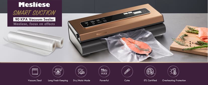Vacuum Sealer Machine Powerful 90Kpa Precision 6-in-1 Compact Vacuum Food Preservation System Built-in Cutter, 2 Bag Rolls & 5 Pre-cut Bags, Dry&Moist Modes Smart Suction, ETL Listed (Copper)