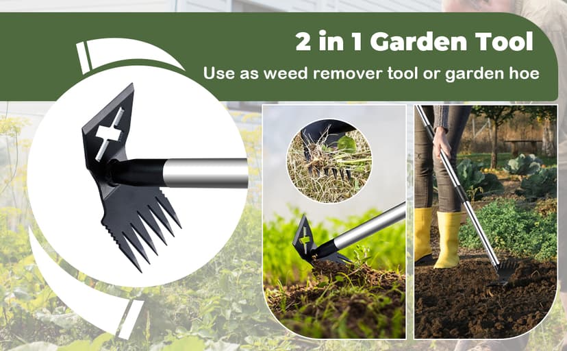 Weed Puller Tool with Long Handle - 60" Manual Weeder Remover Tool, 2 in 1 Hand Weed Rake and Garden Hoe for Gardening, Heavy Duty Uprooting Weeding Pull for Yard, Lawn, Patio and Garden