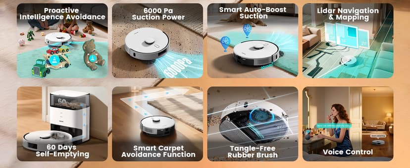 AIRROBO T30+ Robot Vacuum and Mop, 60-Day Self-Emptying, Proactive Intelligence Obstacle Avoidance, Carpet Detection, Tangle-Free Brush, 6000PA Suction, LDS Mapping, APP & Voice Control