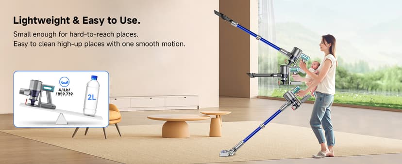 Cordless Vacuum Cleaner, 8 in 1 Powerful Stick Vacuum with 50Mins Rechargeable Battery, Vacuum Cleaners for Home Anti-Tangled Lightweight Handheld Vacuum for Hardwood Floor, Carpets, Pet Hair, Blue