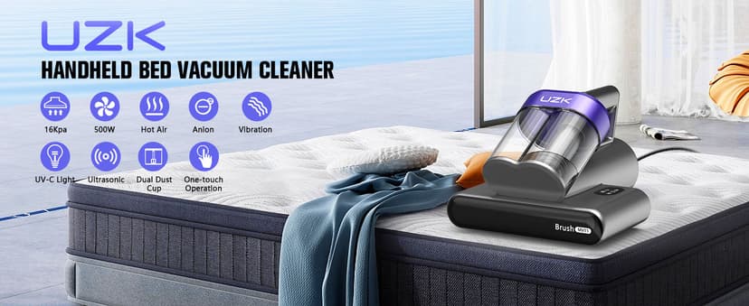 Mattress Vacuum Cleaner,Bed Vacuum Cleaner with UV-C Light,16Kpa,140°F Heat,Ultrasonic,Anion,Handheld Vacuums for Bed,Sofa,Couch,Crib(Corded, Purple)