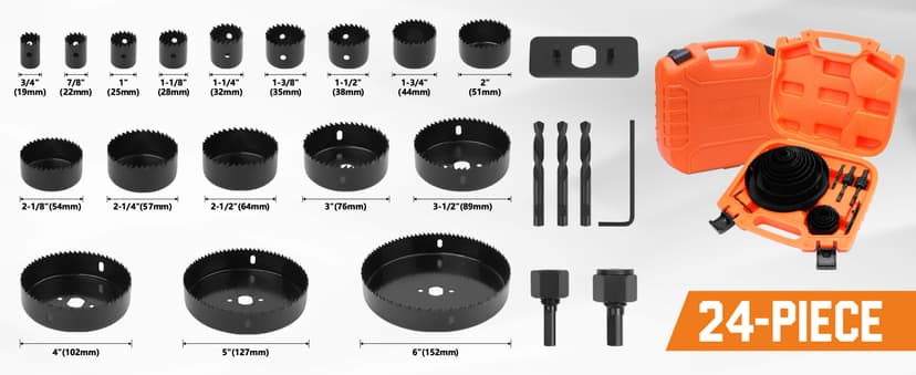 HORUSDY Hole Saw Set 24PCS Hole Saw Kit,Hole Saw Drill Bit Kit, 3/4"-6" (19-152mm) 17PCS Saw Blades, 2 Mandrels, 3 Drill Bit, Installation Plate, Hex Key, For Drywall, Soft Wood, Plywood, Plastic, PVC