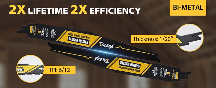 TOLESA 9 Inch 6/12 TPI Reciprocating Saw Blades for Wood and Nail-Embedded Wood Demolition, 25 Pack Bi-Metal Reciprocating Saw Blade for Fast & Smooth Cutting