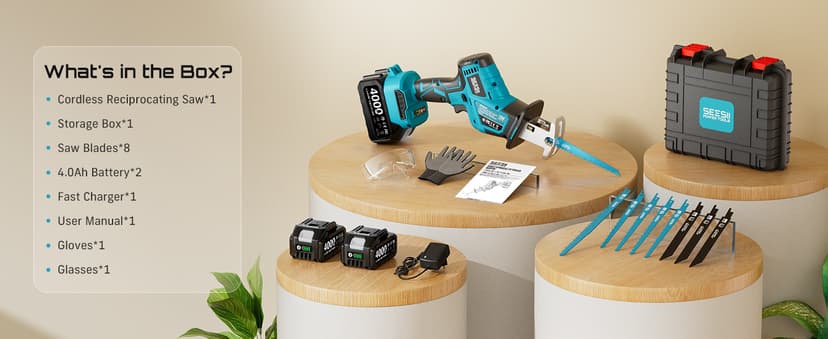 SEESII Reciprocating Saw Cordless, Variable Speed 3500 RPM Brushless Motor with 8 Saw Blades, 2 x 4.0Ah Batteries, LED Light, Tool‑Free Blade Change, Portable for Wood PVC Cutting