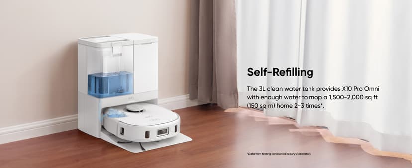 eufy X10 Pro Omni Robot Vacuum and Mop Combo, 8,000 Pa Suction, Dual Mops with 12 mm Auto-Lift and Carpet Detection, AI Obstacle Avoidance, Auto Mop Washing, Auto Drying, Self-Emptying, White