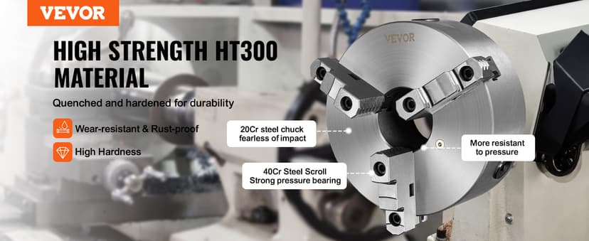 VEVOR 3-Jaw Lathe Chuck, 8'', Self-Centering Lathe Chuck, 0.16-8 in/4-200 mm Clamping Range with T-key Fixing Screws Hexagon Wrench, for Lathe 3D Printer Machining Center Milling Drilling Machine