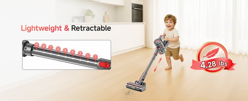 Cordless Vacuum Cleaner, 550W 45KPA Dual Motor Stick Vacuum for Home with 70mins Runtime, 6 LED Green Headlights, Self-Standing Design, V-Shaped Floor Brush for Carpet Tile Pet Hair Hardwood Floors