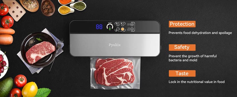 Vacuum Sealer Machine, Food Sealer Machine 80KPA Automatic 8-IN-1 for Food Saving Dry/Moist Mode with Build-in Cutter&Storage, Digital Countdown, Air Suction Hose, 2 Roll-Bags, 11 Vacuum Bags