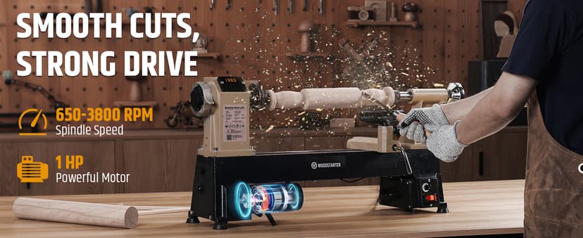 12" x 18" Wood Turning Lathe, 1 HP Benchtop Woodworking Lathe with Variable Speed 650-3800 RPM, Dual-Function Design with Extension Ports for Belt Sander or Grinding Wheel or Rotary Kit