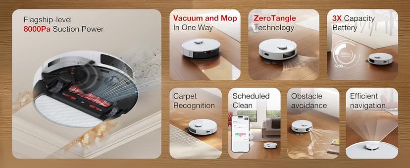 Yeedi C12 Robot Vacuum Cleaner and Mop, 8000Pa Strong Suction, ZeroTangle Brush, Smart Navigation, Self-Charging, White