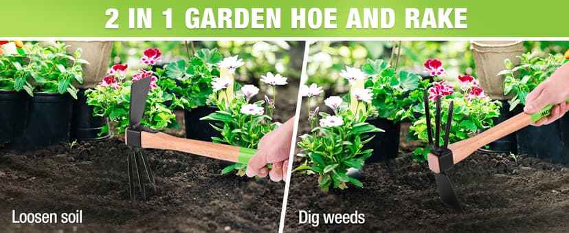WORKPRO Hoe and Cultivator Garden Rake with 14" Wooden Handle, Sharp Hoe Blade & Sturdy 3 Claw Tiller, 2-in-1 Heavy Duty Gardening Hand Tools for Digging, Loosening Soil, Weeding, Cultivating