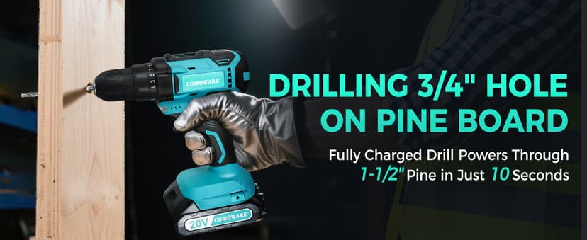 COMOWARE 20V Cordless Drill, Electric Power Drill Set with 1 Battery & Charger, 3/8” Keyless Chuck, 2 Variable Speed, 266 In-lb Torque, 25+1 Position and 34pcs Drill/Driver Bits