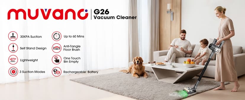 Cordless Vacuum Cleaners for Home, G26 Vacuum Cleaner, 45KPA Powerful Suction, Up to 60 Minutes, Tangle-Resistant, Rechargeable Stick Vac with Wall Mount for Pet Hair, Hardwood Floors