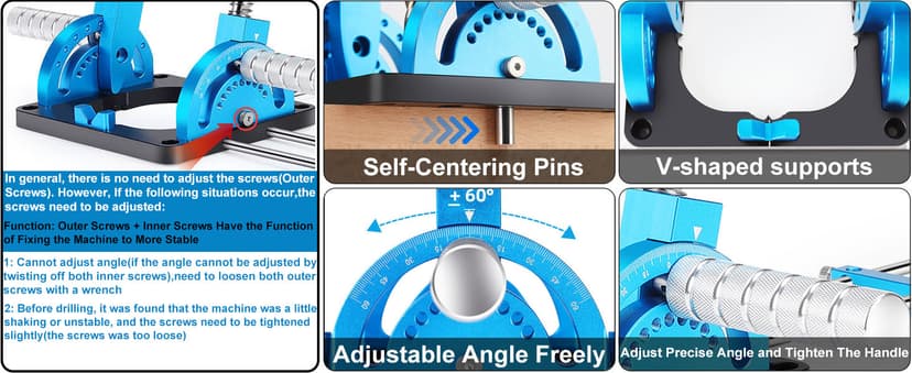Portable Drill Guide, Multi Angle Drill Guide for Straight Holes, Self-Centering Pins, Drilling Jig w/Chuck & Key, Adjustable Angle from 0° to 60°, Chuck Clamping Range for 1/16-1/2" (1.5-13mm)
