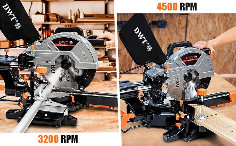 DWT Sliding Compound Miter Saw with 3 Blades, 15A 10", Double Speed (4500 RPM & 3200 RPM), Bevel Cut (0°-45°) with Laser, Extension Table, Iron Blade Guard, Cutting Wood, PVC or Soft Metal