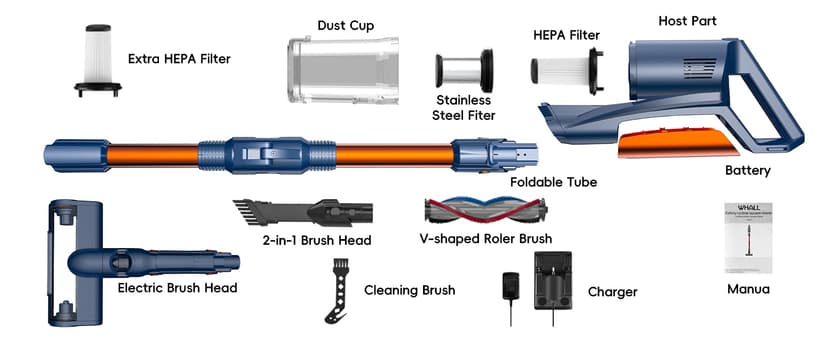 whall Cordless Vacuum Cleaner, Upgraded Strong Suction Brushless Motor Cordless Stick Vacuum Cleaner, Lightweight Handheld Vacuum for Home Pet Hair Carpet Hard Floor, up to 55mins Runtime,Blue