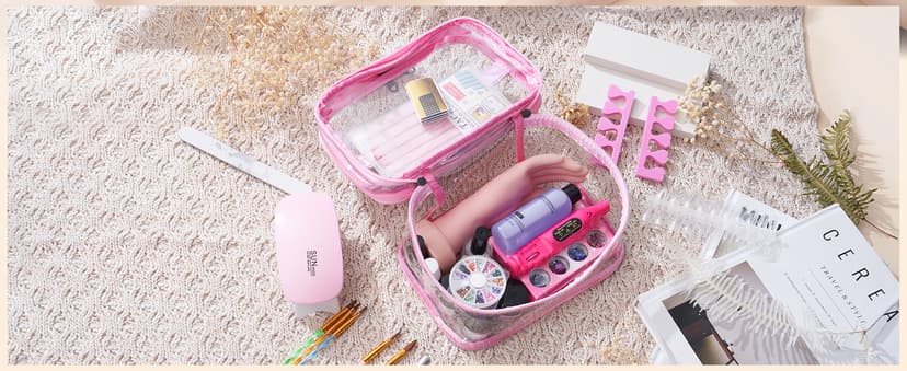 Acrylic Nail Kit with Everything: Beginners Practice Hand Acrylic Nail Powder Liquid Set with U V Lamp Drill in Gift Bag for Home Salon(Pink Bag)