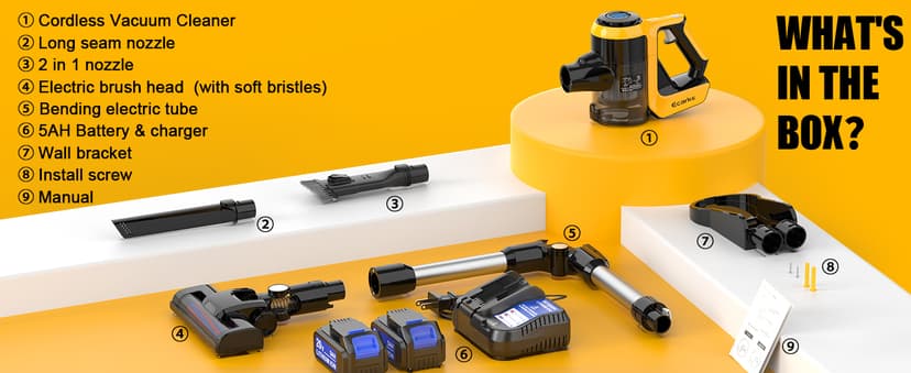 Cordless Stick Vacuum Cleaner Compatible with DeWalt Battery, 350W Brushless Motor, 30KPa Suction, 6-in-1 180° Bendable Wand, Smart Screen 2x5AH Batteries & Charger – Hardwood Floors