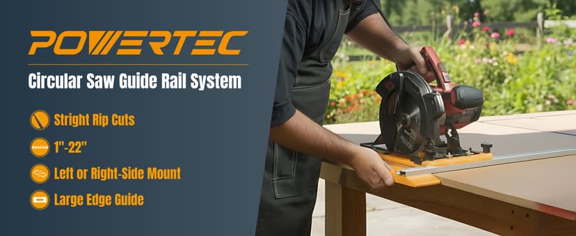 POWERTEC Circular Saw Guide Rail System – Rip-Cut Edge Guide Track for Straight Cuts in Plywood, Sheet Goods & Panels – Fits Left & Right Circular Saws – Portable Cutting Jig for Woodworking (72093)
