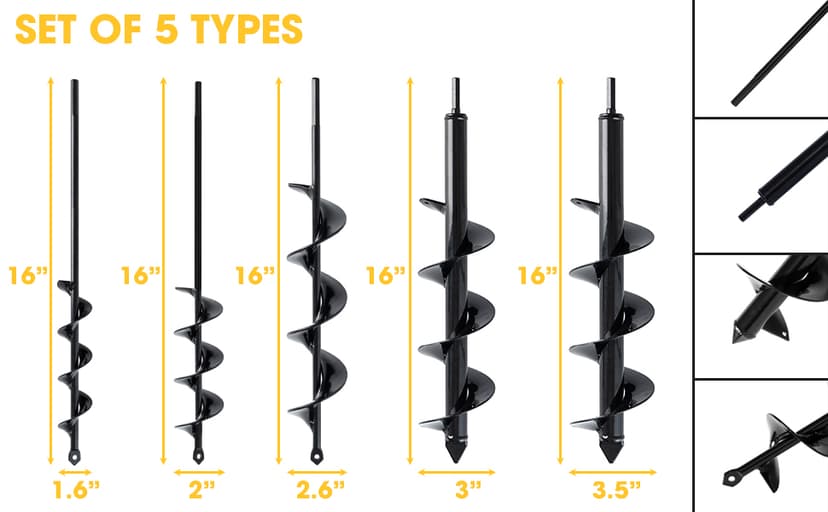 VASGOR Set of 5 Auger Drill Bit for Planting (1.6x16", 2x16", 2.6x16", 3x16", 3.5x16") - Easy Planter Garden Auger - Bulb & Bedding Plant Augers - Post Hole Digger for 3/8” Hex Drive Drill