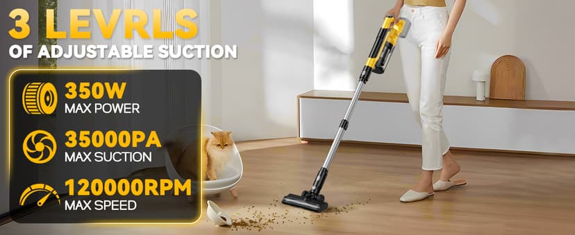 350W Cordless Vacuum Cleaner for Dewalt 20v Battery, 35kPa Brushless Lightweight Stick Vacuum with 3 Mode Suction, 6 in 1 Stick Vacuum Cleaner with HEPA for Floor, Carpet, Car (Battery Not Included)
