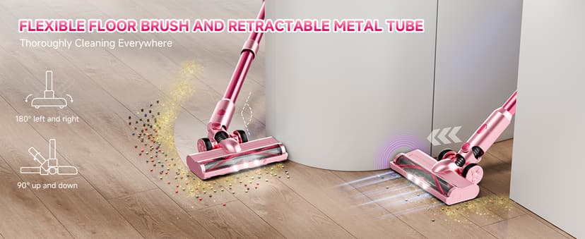 Cordless Vacuum Cleaner,55Mins/Powerful Vacuum Cleaners for Home,Stick Vacuums with 8 in 1,Touch Screen,LED Headlights, Anti-Tangle,Rechargeable,Lightweight for Carpet,Hard Floor, Pet Hair,Pink